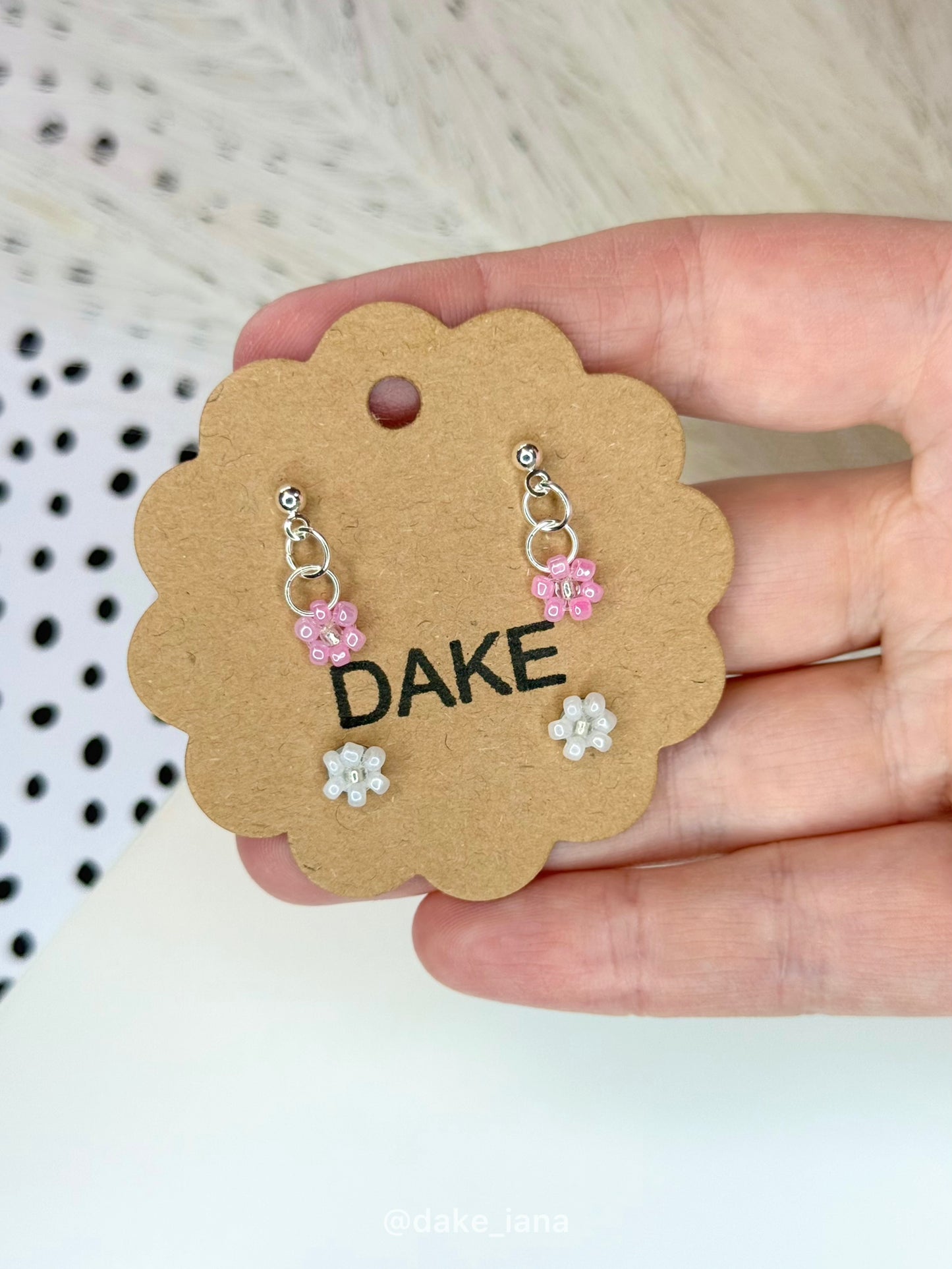 Handmade Beaded Flower Earrings Set | Pink Drop + White Stud Dainty Seed Bead Jewelry