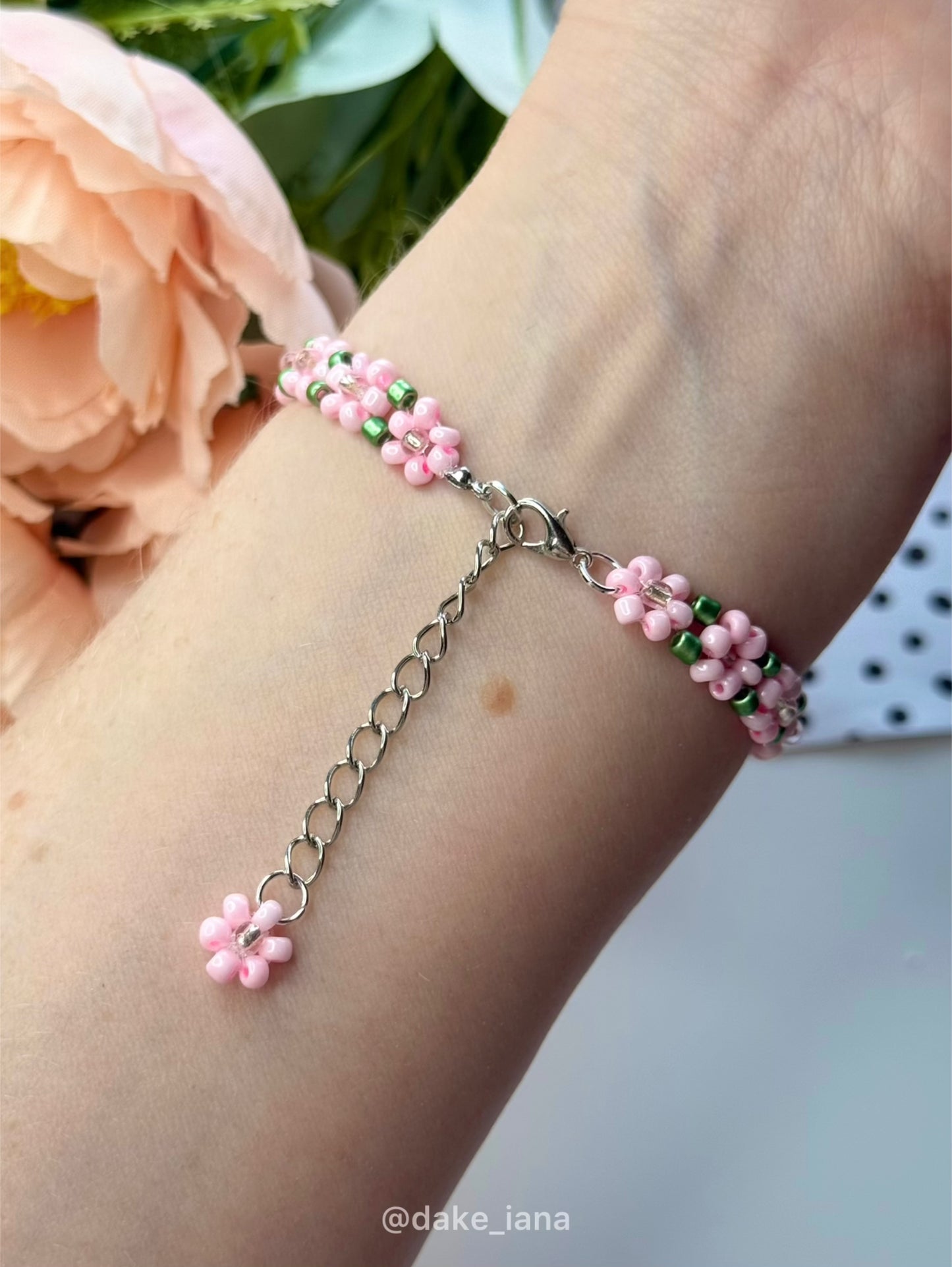 Handmade Pink Flower Beaded Bracelet with Green Accents
