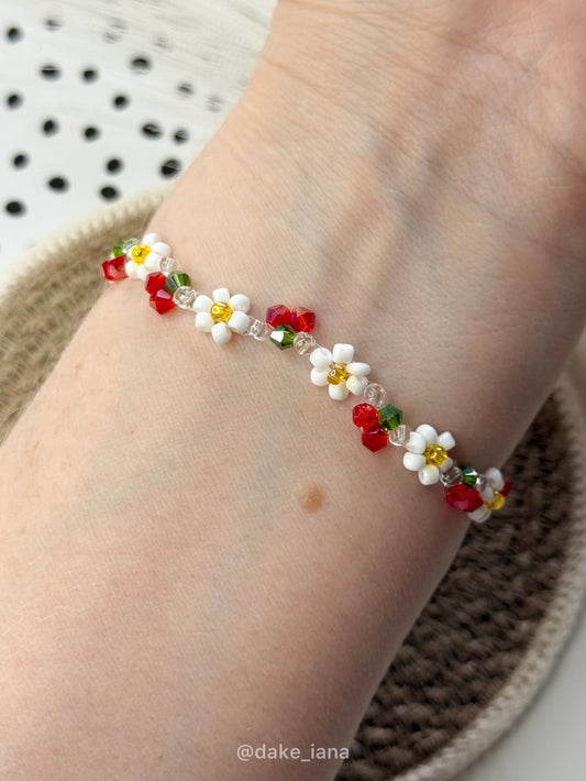 Handmade Daisy Beaded Bracelet with Crystal Cherries | Floral Seed Bead Jewelry | Adjustable Hypoallergenic Gift for Her