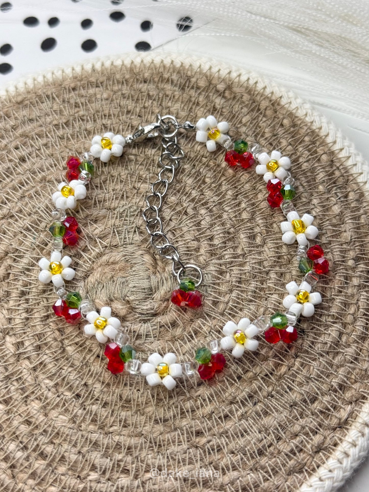 Handmade Daisy Beaded Bracelet with Crystal Cherries | Floral Seed Bead Jewelry | Adjustable Hypoallergenic Gift for Her